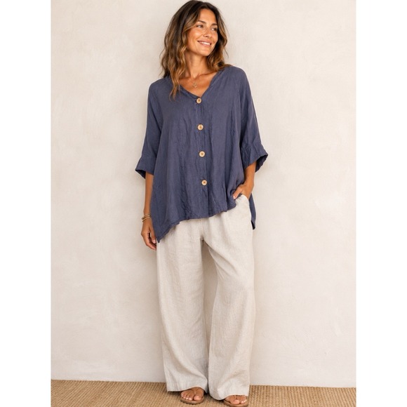 100% LIN BLANC Tops - 100% LIN BLANC Linen Top Size 46/L/XL Blue Wood Button Up Oversized Italy